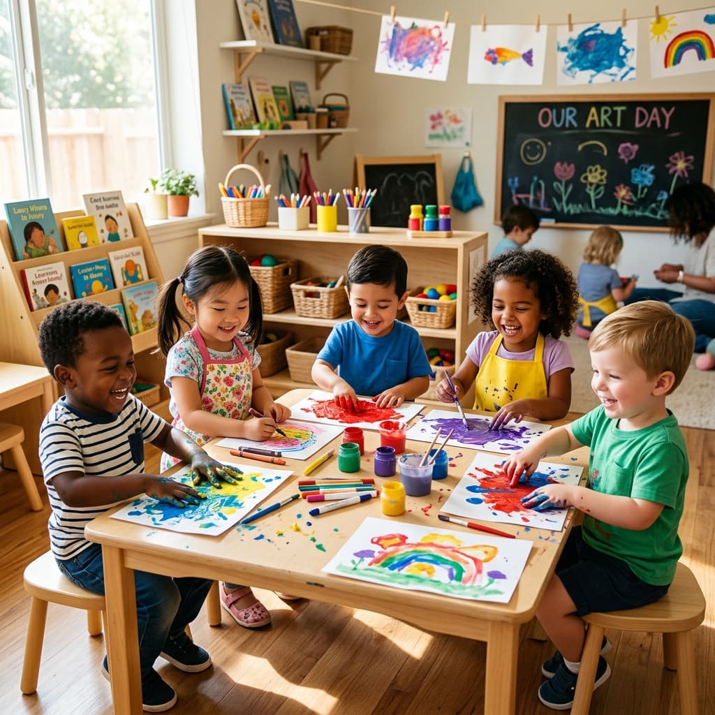 Diverse group of children doing arts and crafts