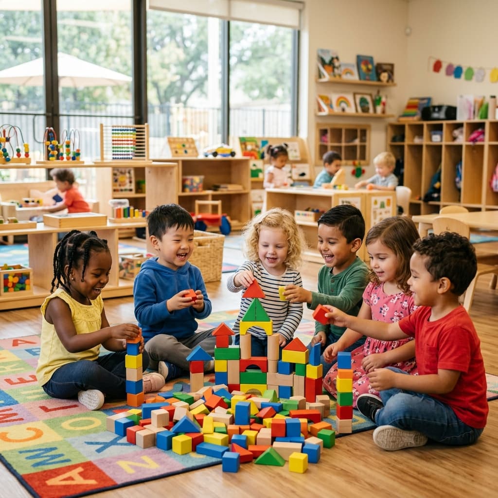 Diverse group of children learning with hands-on building blocks